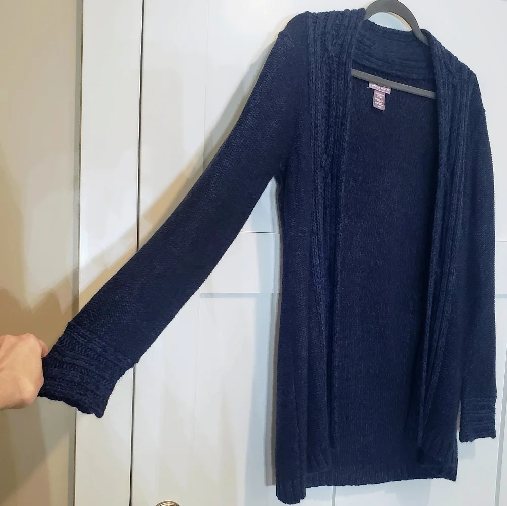 Laura Scott Cardigan Sweater Marled Blue Open Knit Size Medium Machine Wash